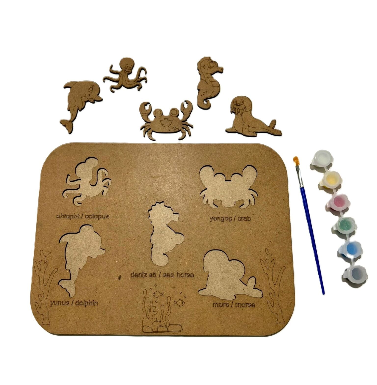 Çocuklar İçin Ahşap Boyama Deniz Canlıları Okul Öncesi